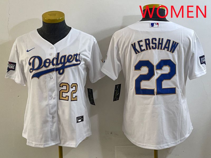 Women Los Angeles Dodgers 22 Kershaw White Gold Game 2025 Nike MLB Jersey style 2